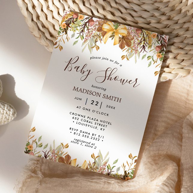 Invitation Fête de bébé neutre avec floral de feuillage d'aut (Créateur téléchargé)