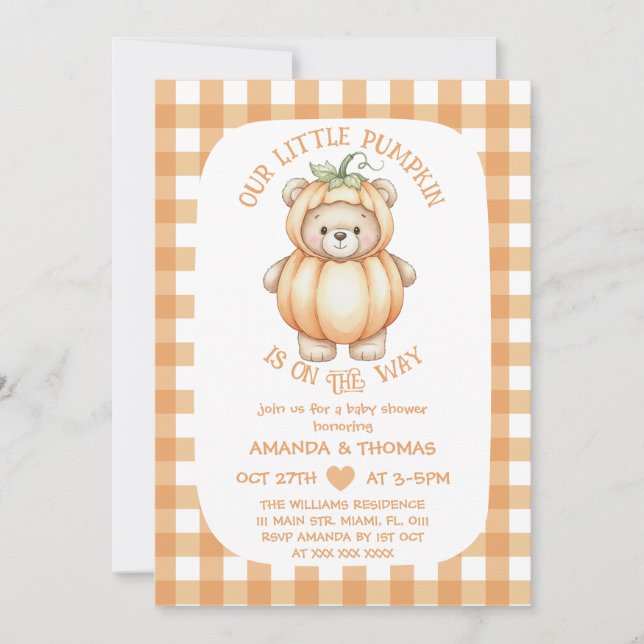 Invitation Fête de bébé neutre avec ours et citrouille (Devant)