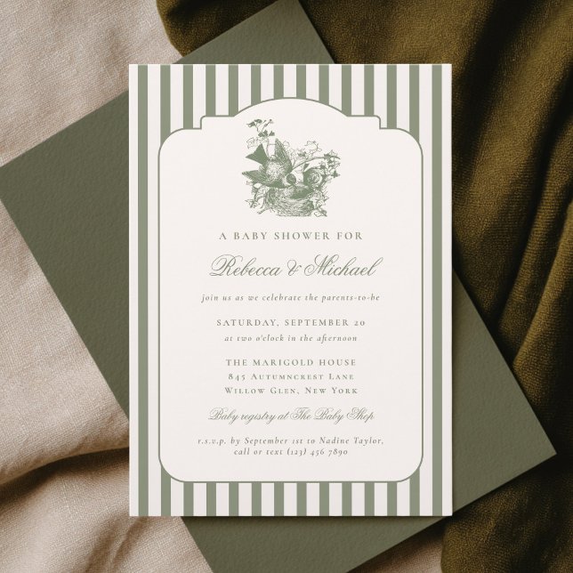 Invitation Fête de bébé neutre nid d'oiseaux vintage (Créateur téléchargé)