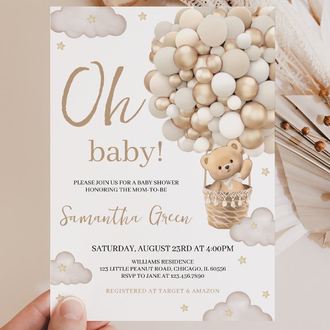 Invitation Fête de bébé neutre Oh Bébé Ours (Créateur téléchargé)