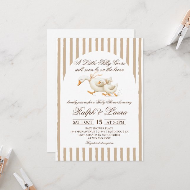 Invitation Fête de bébé neutre Silly Goose (Devant/Arrière en situation)