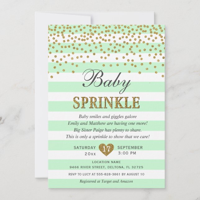 Invitation Fête de bébé neutre vert menthe et or (Devant)