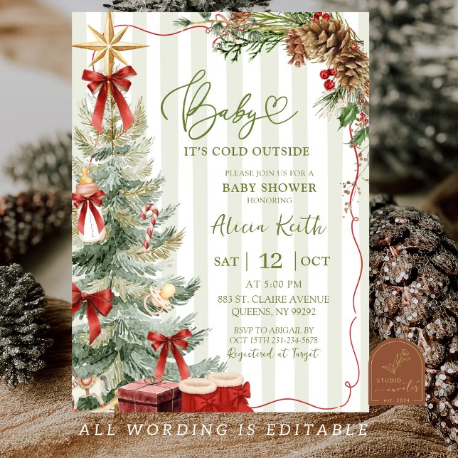 Invitation Fête de bébé Noël à rayures fantaisistes (Créateur téléchargé)