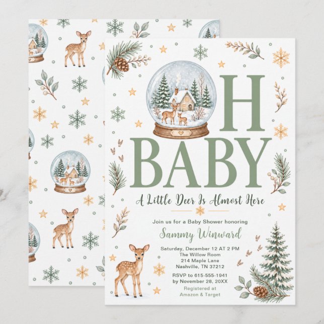Invitation Fête de bébé Noël Cerf Forêt de Noël (Devant / Derrière)