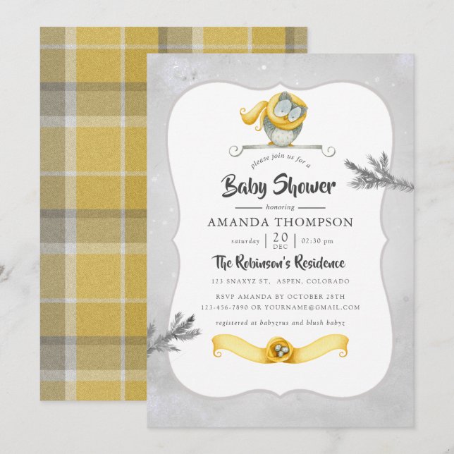 Invitation Fête de bébé Noël Chouette aquarelle Hiver (Devant / Derrière)