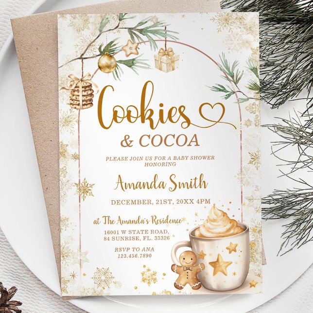 Invitation Fête de bébé Noël Cookies & Cocoa Hiver Or (Créateur téléchargé)
