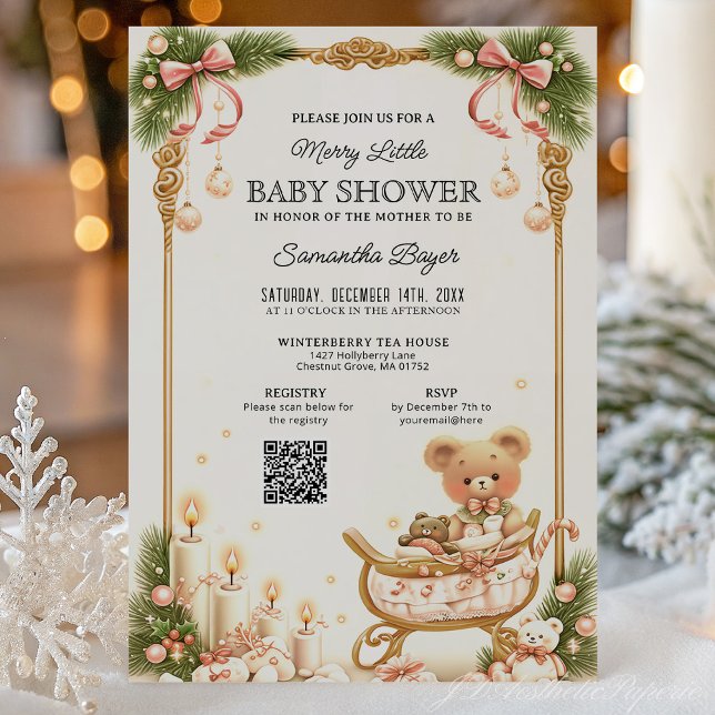 Invitation Fête de bébé Noël Ours en peluche et Rubans  (Créateur téléchargé)