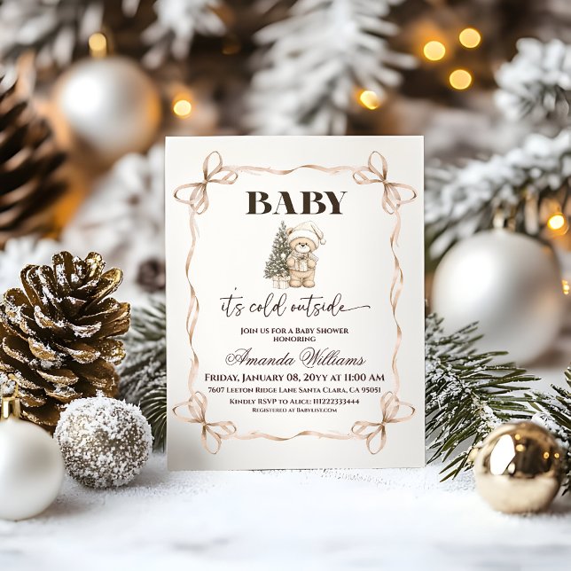 Invitation Fête de bébé Noël Ourson en beige Hiver (Créateur téléchargé)