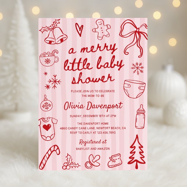 Invitation Fête de bébé Noël rose rouge doodle Merry Little B (Créateur téléchargé)