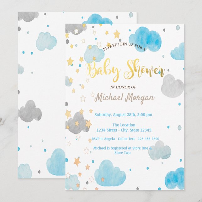 Invitation Fête de bébé Nuages & Étoiles (Devant / Derrière)