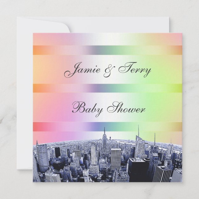 Invitation Fête de bébé NYC Etched Skyline Pastel Rainbow 1 (Devant)