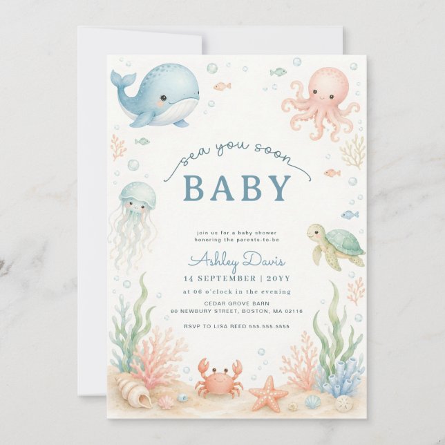 Invitation Fête de Bébé Océan Aquarelle Vous Verra Bientôt (Devant)