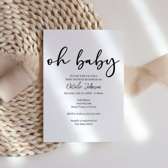 Invitation Fête de bébé Oh Bébé Moderne Simple Écriture Noir (Créateur téléchargé)