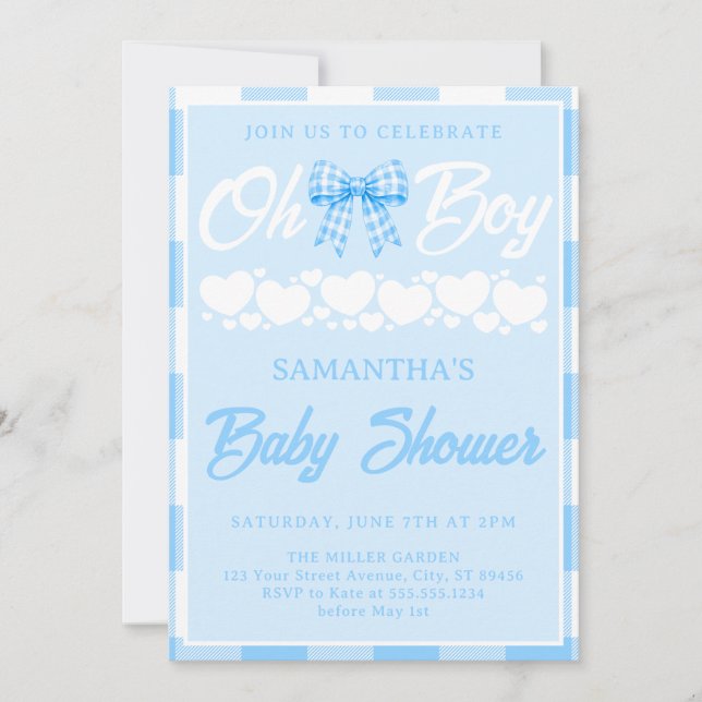 Invitation Fête de bébé Oh Boy avec ruban Gingham bleu (Devant)