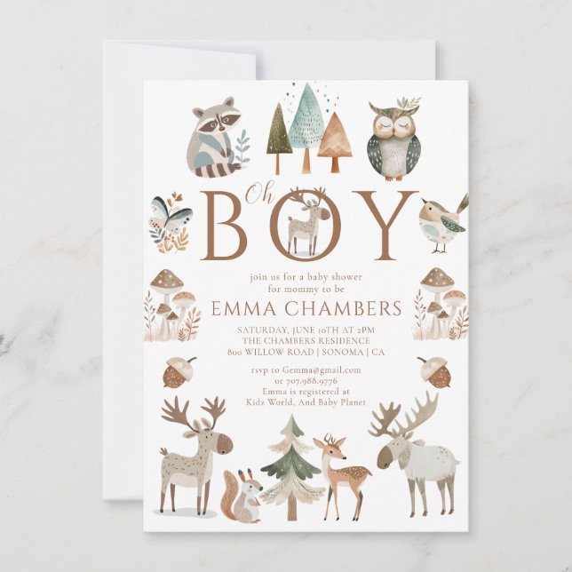 Invitation Fête de bébé Oh Boy Boho Animaux de la forêt  (Devant)