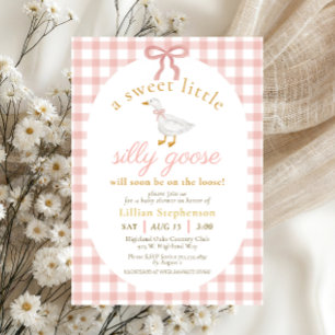 Invitation Fête de Bébé Oie Folle Rose Blush à Carreaux 
