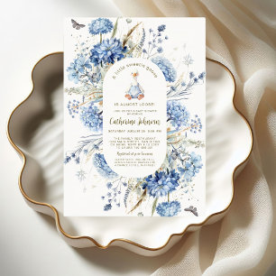 Invitation Fête de Bébé Oie Silly à Carreaux Floraux Bleus