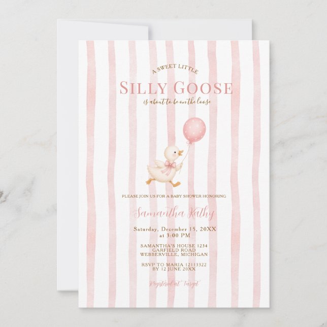 Invitation Fête de bébé Oie Silly Rose rayée Canard (Devant)