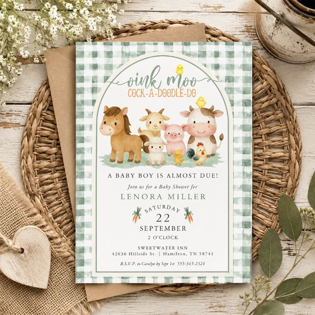 Invitation Fête de Bébé Oink Moo Vert Gingham Animaux de Ferm (Oink Moo Green Gingham Farm Animal Baby Shower Invitation)
