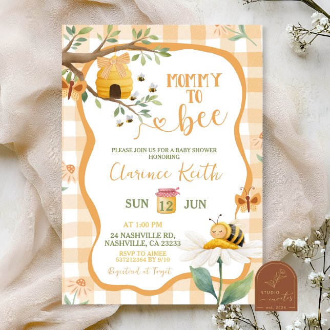 Invitation Fête de bébé Orange Gingham à carreaux Daisy et Ab (Créateur téléchargé)