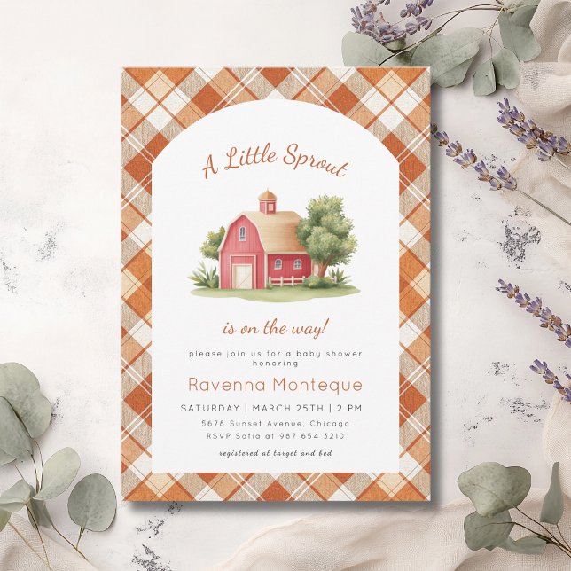 Invitation Fête de Bébé Orange Gingham Red Barn Little Sprout (Créateur téléchargé)