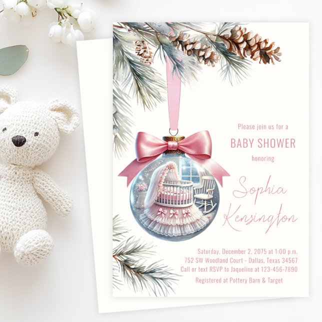 Invitation Fête de bébé Ornement Rose (Tree ornament baby shower invitation with glass ornament with baby girl pink nursery scene inside.)