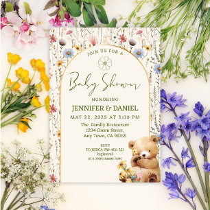 Invitation Fête de Bébé Ours Arc Floral Beige Charmant