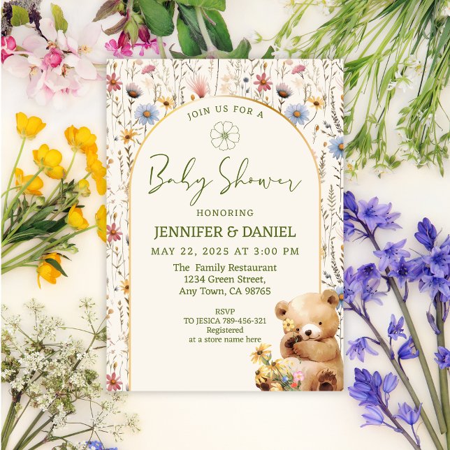 Invitation Fête de Bébé Ours Arc Floral Beige Charmant (Créateur téléchargé)