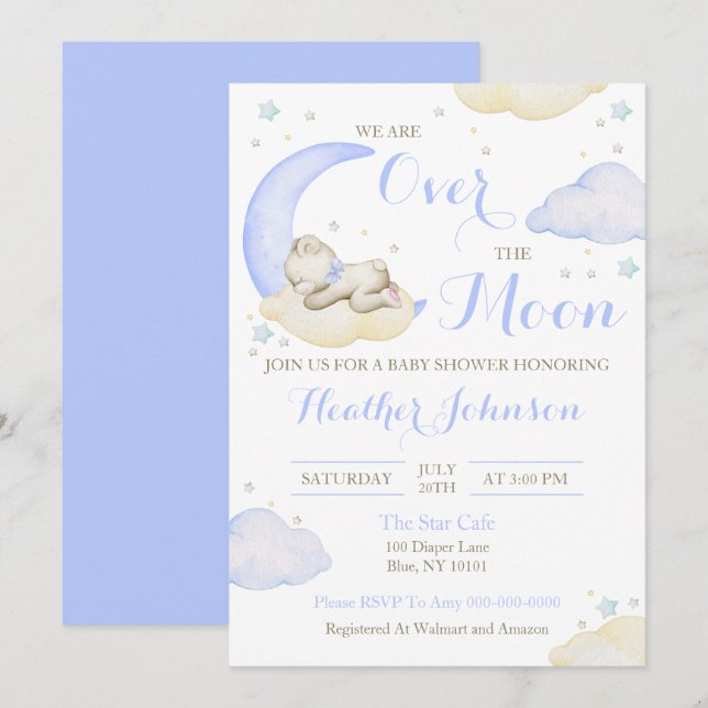 Invitation Fête de Bébé Ours Au-Dessus de la Lune (Devant / Derrière)