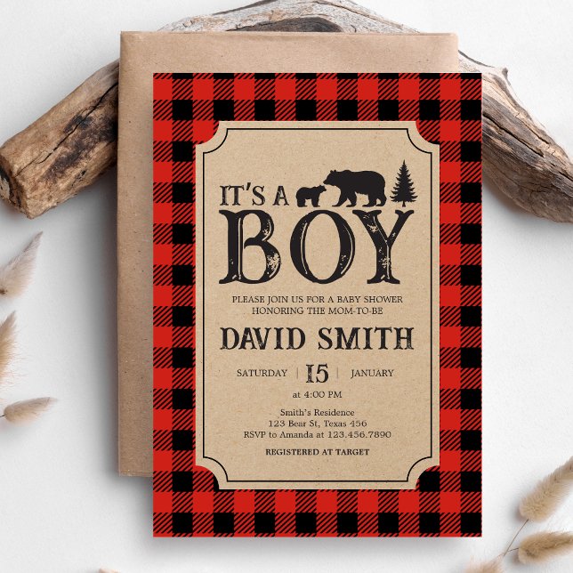 Invitation Fête de bébé ours bûcheron  (Bear Plaid Baby Shower Invitation)