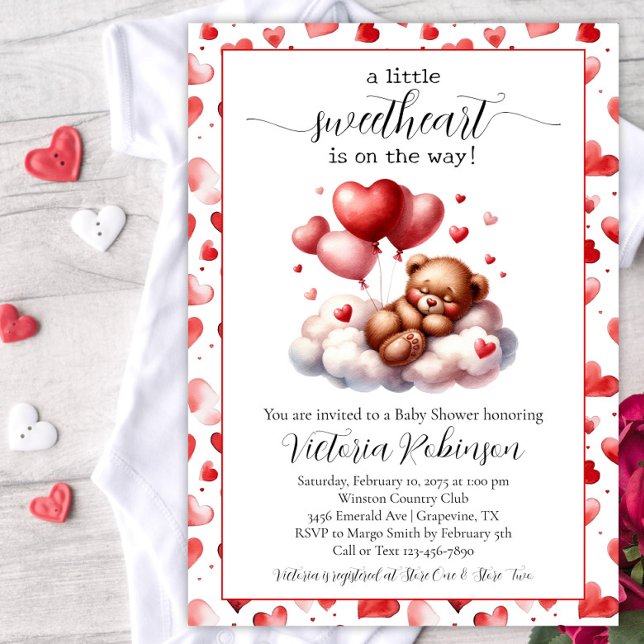 Invitation Fête de bébé ours de la Saint-Valentin (Cute Valentine bear baby shower invitation. This design works for a boy, girl or gender reveal.)