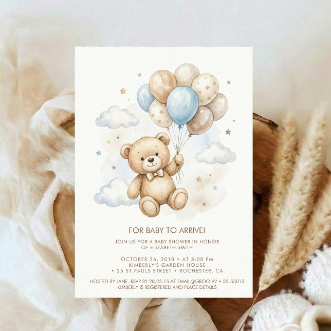 Invitation Fête de bébé ours en peluche avec ballons brun sau (Créateur téléchargé)