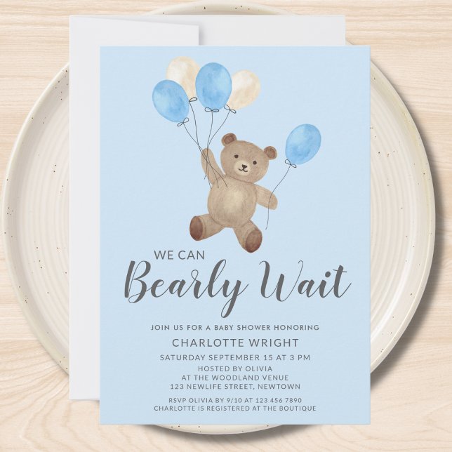 Invitation Fête de bébé ours en peluche bleu garcon que nous  (Créateur téléchargé)
