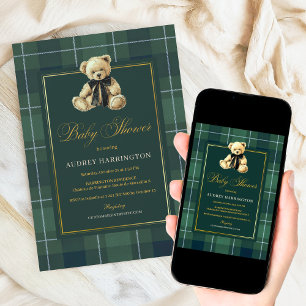 Invitation Fête de bébé ours en peluche et polo vert vintage 