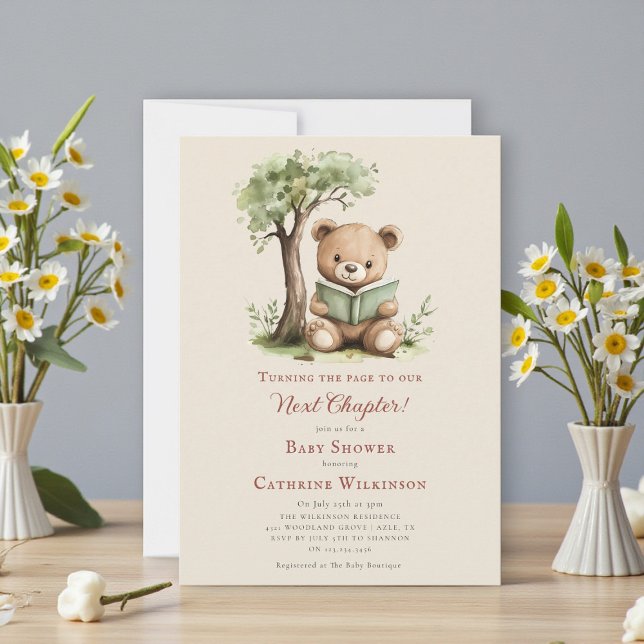 Invitation Fête de bébé Ours en peluche lisant le chapitre su (Créateur téléchargé)