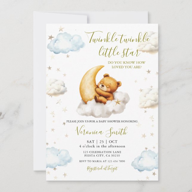 Invitation Fête de Bébé Ours Lune Twinkle Twinkle Little Star (Devant)