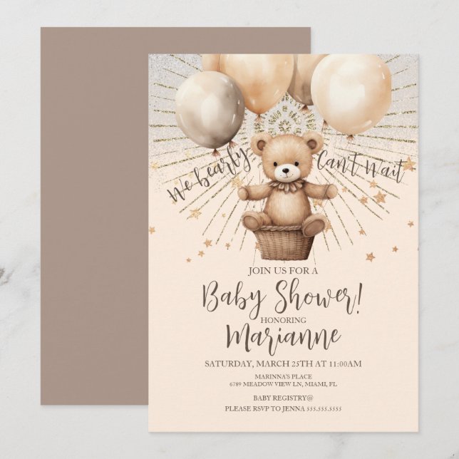 Invitation Fête de bébé ours pailleté bohème rustique (Devant / Derrière)