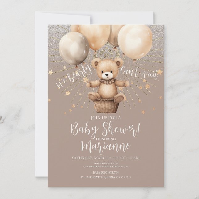 Invitation Fête de bébé ours paillettes bohème rustique (Devant)