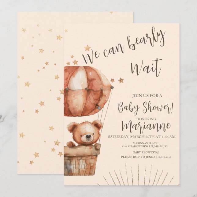 Invitation Fête de bébé ours paillettes étoiles rustique (Devant / Derrière)