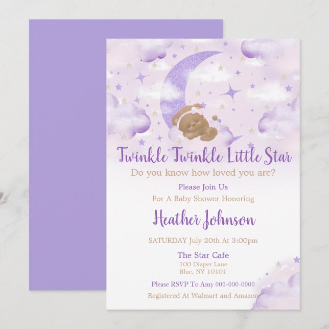 Invitation Fête de Bébé Ours Twinkle Twinkle Little Star (Devant / Derrière)