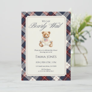 Invitation Fête de bébé ourson à carreaux bleus marine
