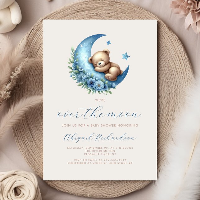 Invitation Fête de Bébé Ourson Aquarelle Lune Bleue Garçon (Créateur téléchargé)