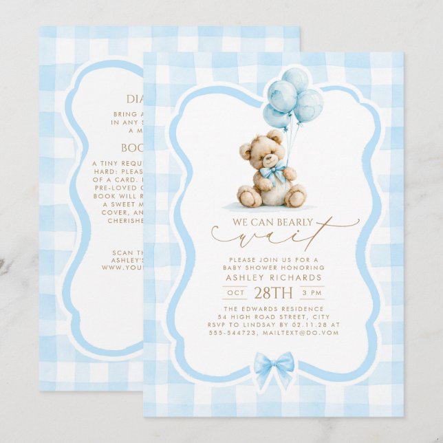 Invitation Fête de bébé Ourson Bleu Gingham Tout en Un (Devant / Derrière)
