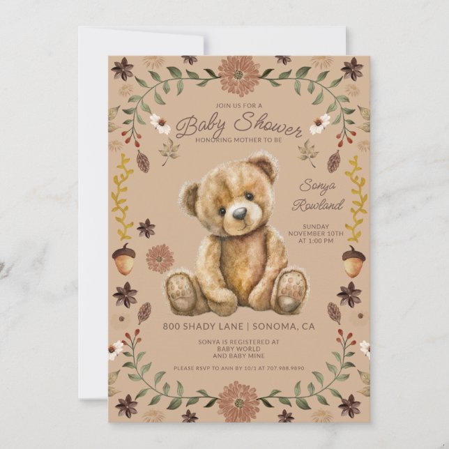 Invitation Fête de Bébé Ourson Bois Fantaisiste (Devant)