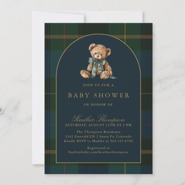 Invitation Fête de bébé Ourson Classique Vert et Carreaux Ble (Devant)