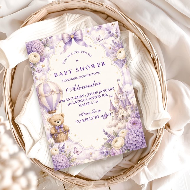 Invitation Fête de bébé ourson en peluche violet intemporel (Créateur téléchargé)