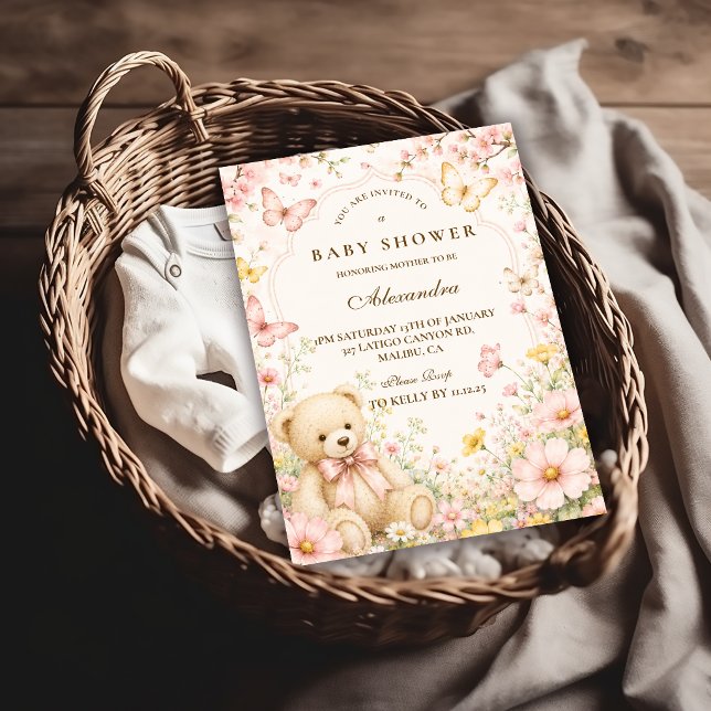 Invitation Fête de Bébé Ourson Floral Fantaisiste (Créateur téléchargé)