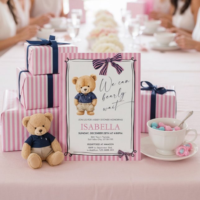 Invitation Fête de bébé ourson mignon rose preppy  (Créateur téléchargé)