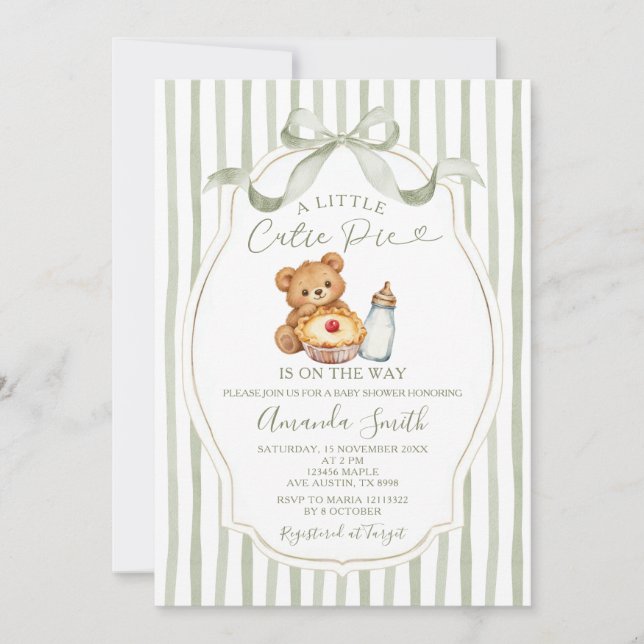 Invitation Fête de bébé ourson mignon vert sauge  (Devant)