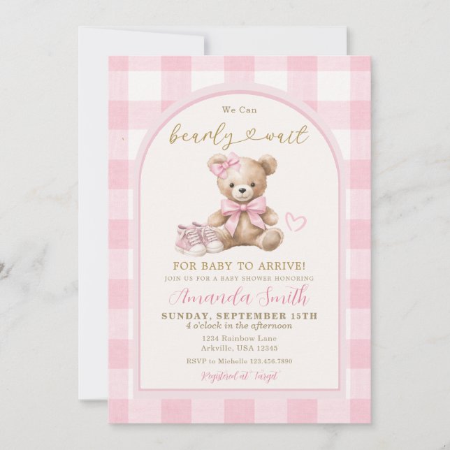 Invitation Fête de bébé ourson Rose Nous Pouvons Attendre Béb (Devant)